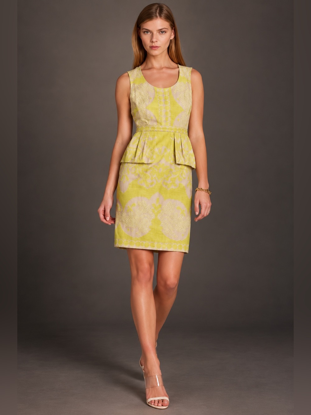 BCBGMAXAZRIA Lime Green Cream Floral Peplum Mini Dress